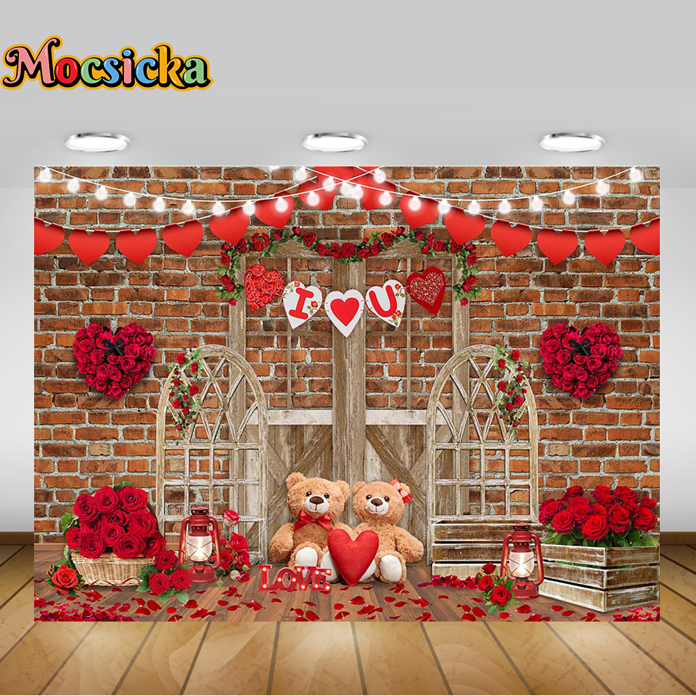 Rustic Brick Wall Backdrop Wooden Door Frame Romantic Wedding Props Red Roses Decor Party Glowing Light Strip Photography Studio