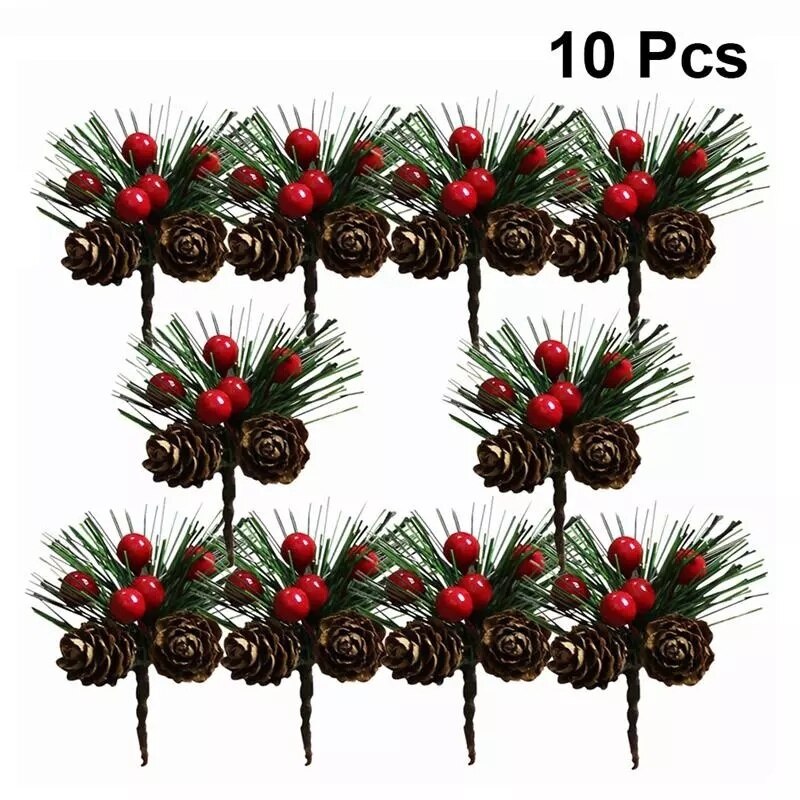 10PCS Artificial Flower Red Christmas Berry Pine ConeHolly Branches Christmas Decoration for Home Floral Decor Flower Crafts: Default Title