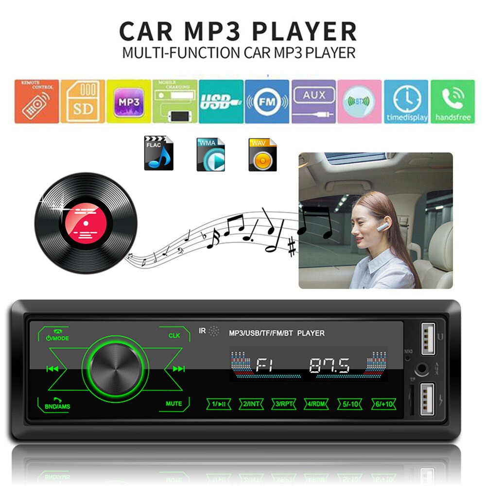 Radio con Bluetooth para coche, reproductor MP3 estéreo de 12V, 1DIN, receptor FM, Kit de manos libres, adaptador de música AUX/USB/tarjeta TF en el tablero, Puerto IOS