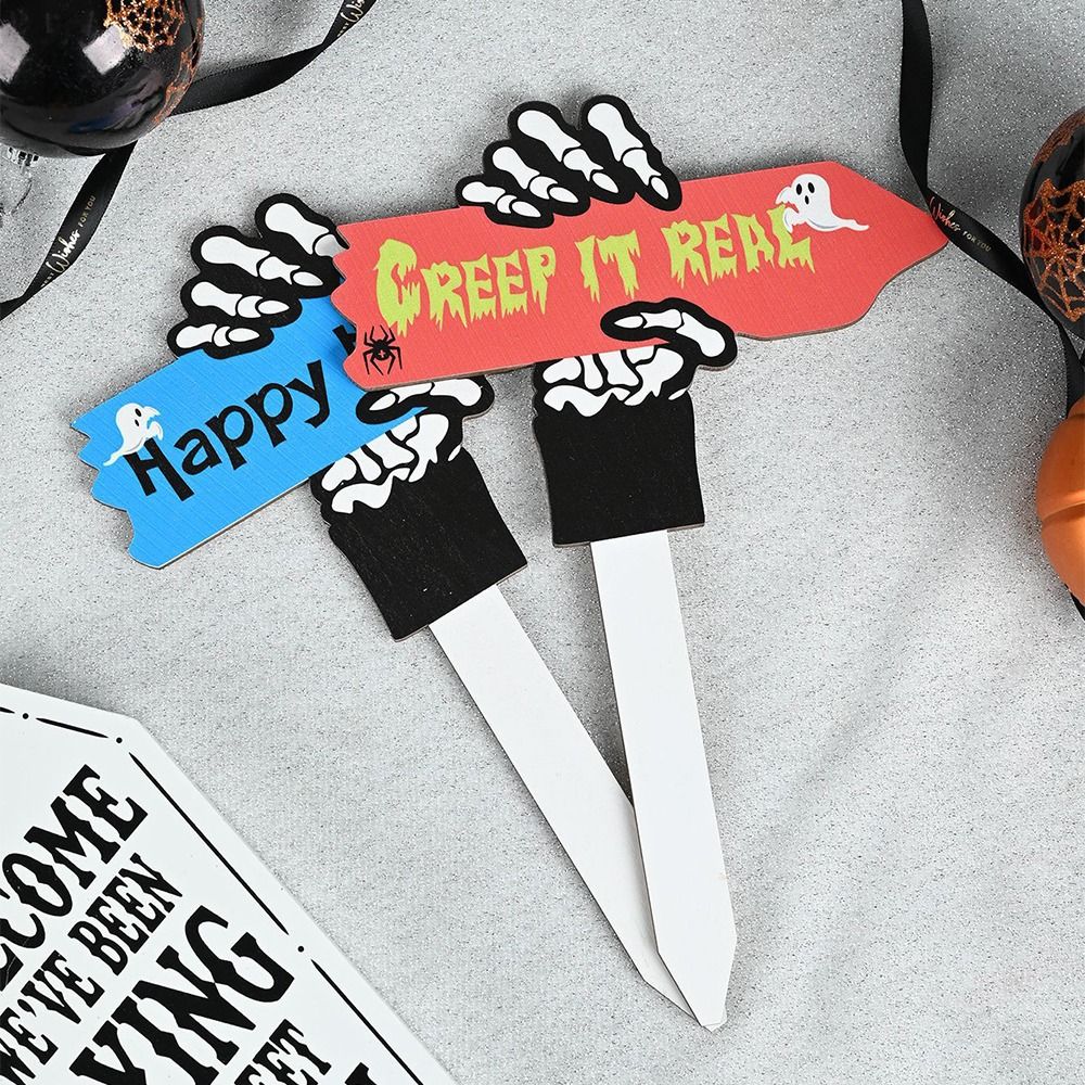 Hageskilt i tre lette årgang utendørs halloween-skilt festlige skummel hageplenpæler hjemsøkt husdekor