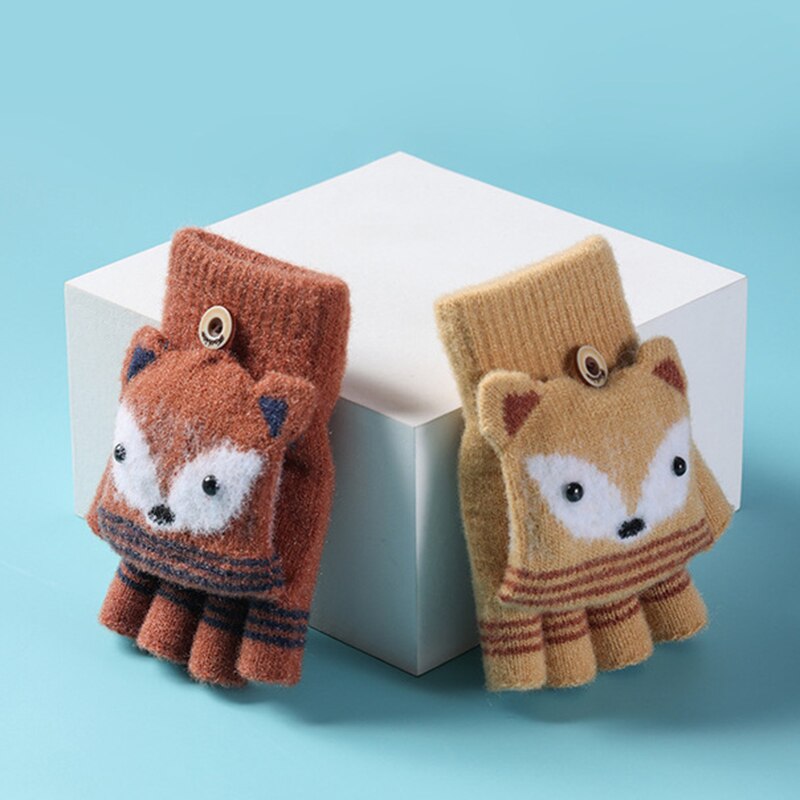 Kinderen Winter Gebreide Convertible Handschoenen Kerst Cartoon Vos Warme Zachte Gevoerd Flip Top Vingerloze Wanten Baby Handschoenen 6-10T