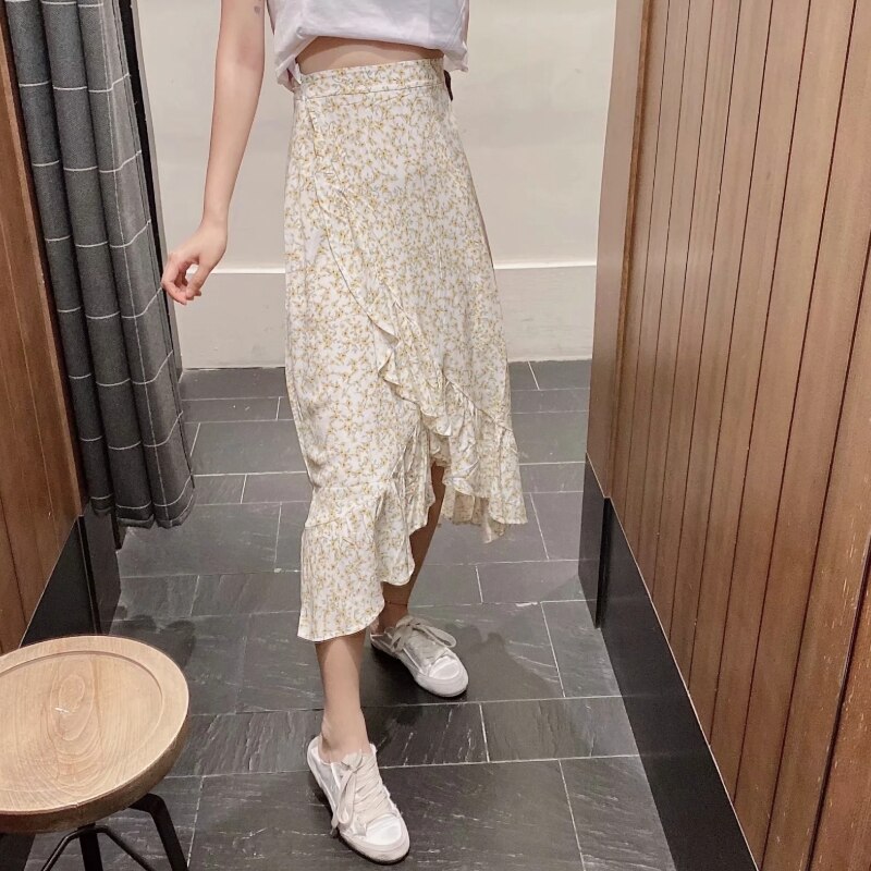 Women yellow flower print irregular pleated ruffles midi skirt faldas mujer ladies side zipper vestido skirts QUN611