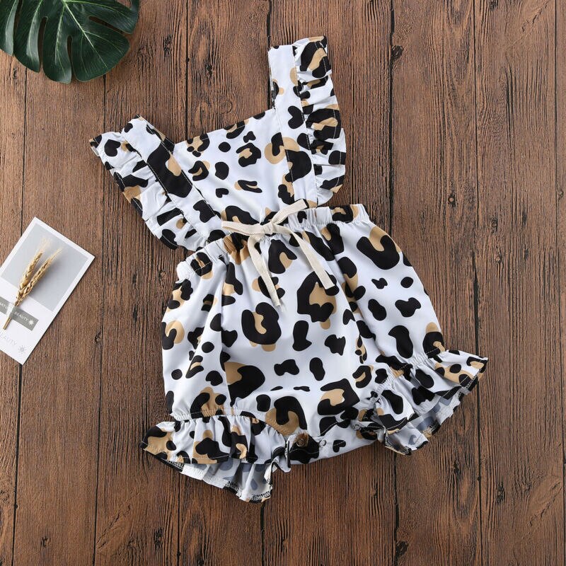Infant Baby Girl Summer Leopard Ruffle Romper Sleeveless Ruffle Jumpsuit One Piece Outfit Girl Playsuit 3-18M