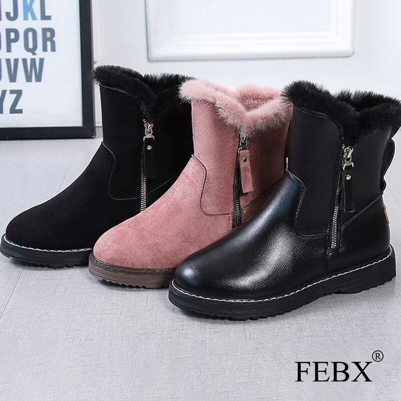 Femmes neige bottes fausse fourrure couture dames chaussures épais fond fermeture éclair Plus velours femme court hiver