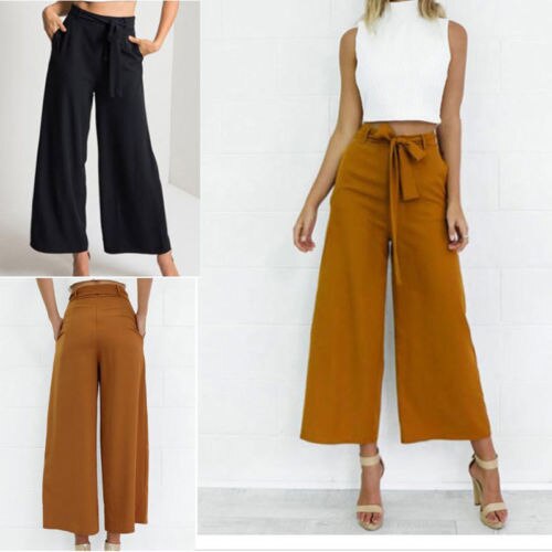 Pantalones Palazzo Culottes Mujer suelta alta cintura ancha pierna sólida pantalones largos sólido verano otoo