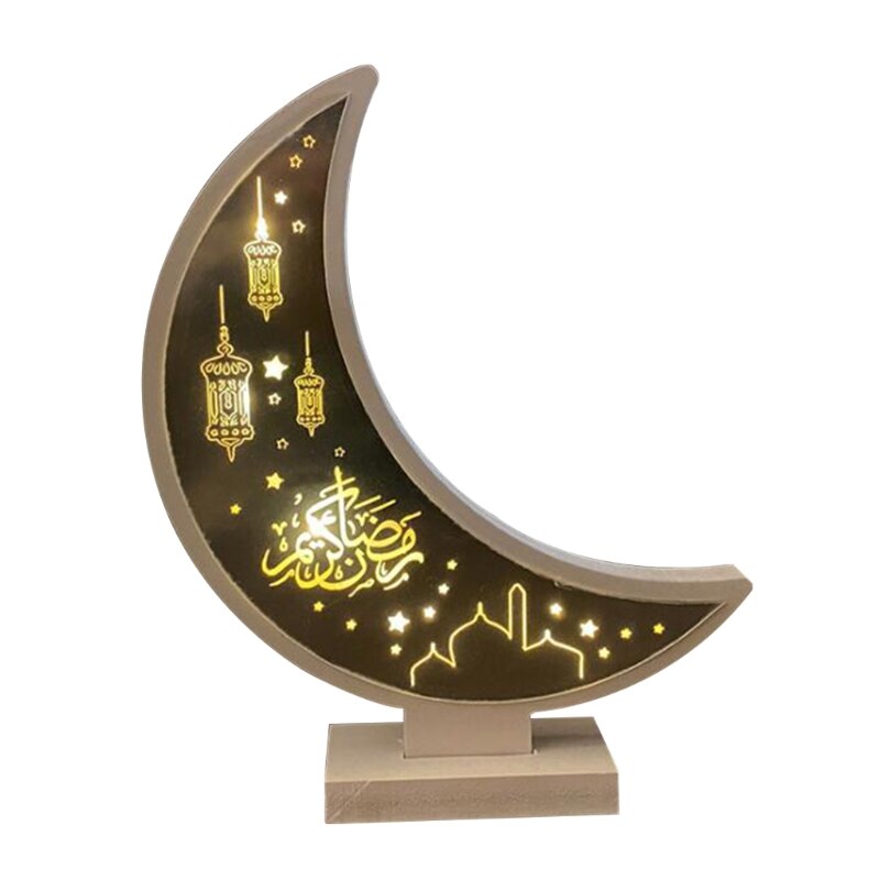 Ramadan Eid Mubarak Decorations Wooden Moon Ornament Arab Muslim Light Craft