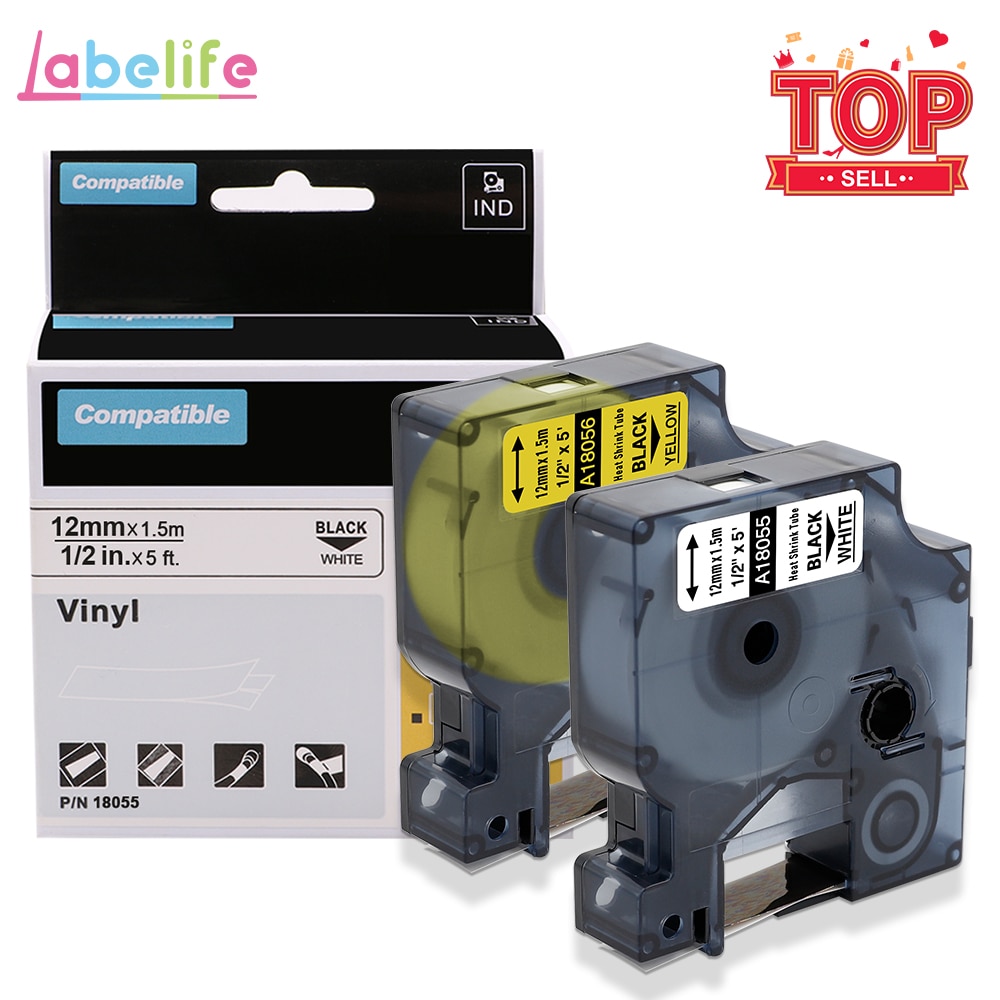 Labelife 2 stk 18051/18052 udskift til dymo wire markør næsehorn krympeslanger tape kassette gul / hvid 6/9/12mm etiketproducent