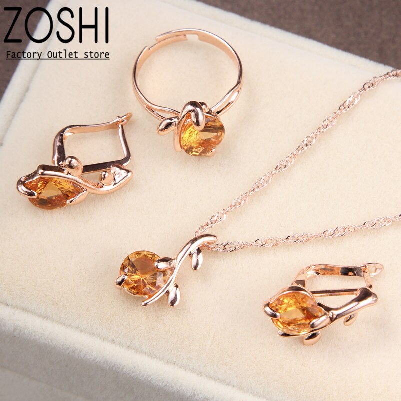 Neue Champagner Gold Farbe Kristall Kirsche Schmuck setzt Für Frauen Hochzeit Party Einstellbare Ring Schlüsselbein Kette Zweig Ohrringe