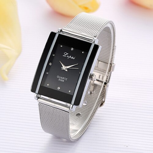 Men Women Rectangle Dial Stainless Steel Net Strap Quartz Wrist Watch