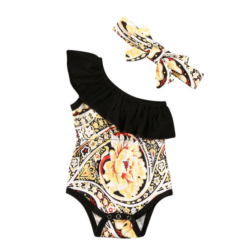 Zomer 2 Pc Baby Bodysuit Met Hoofdband Voor Meisjes Bloemenprint Een Schouder Korte Mouw Bodysuit Jumpsuit Voor Kinderen Meisjes: Pasgeboren