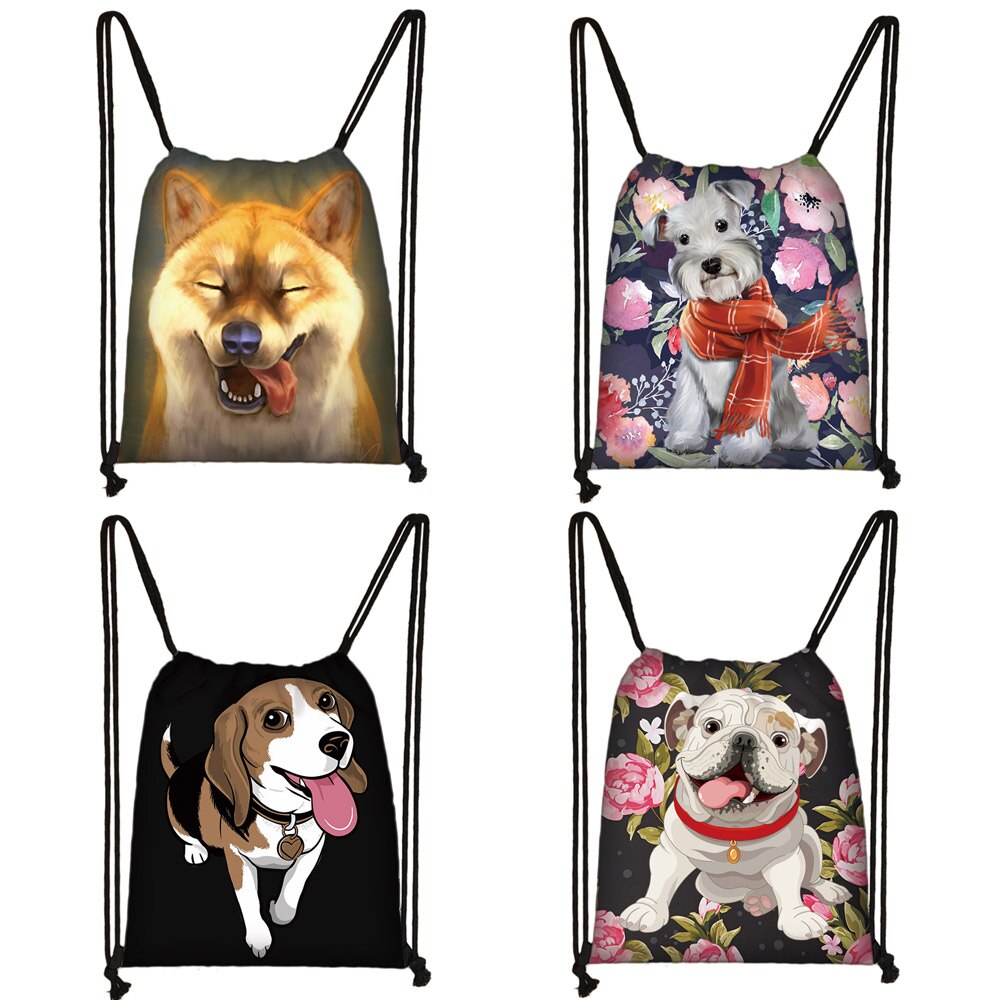 Sød yorkshire terrier / shiba inu / beagle / bulldog snøre taske dame opbevaringstaske hvalp hund rejsetasker rygsæk