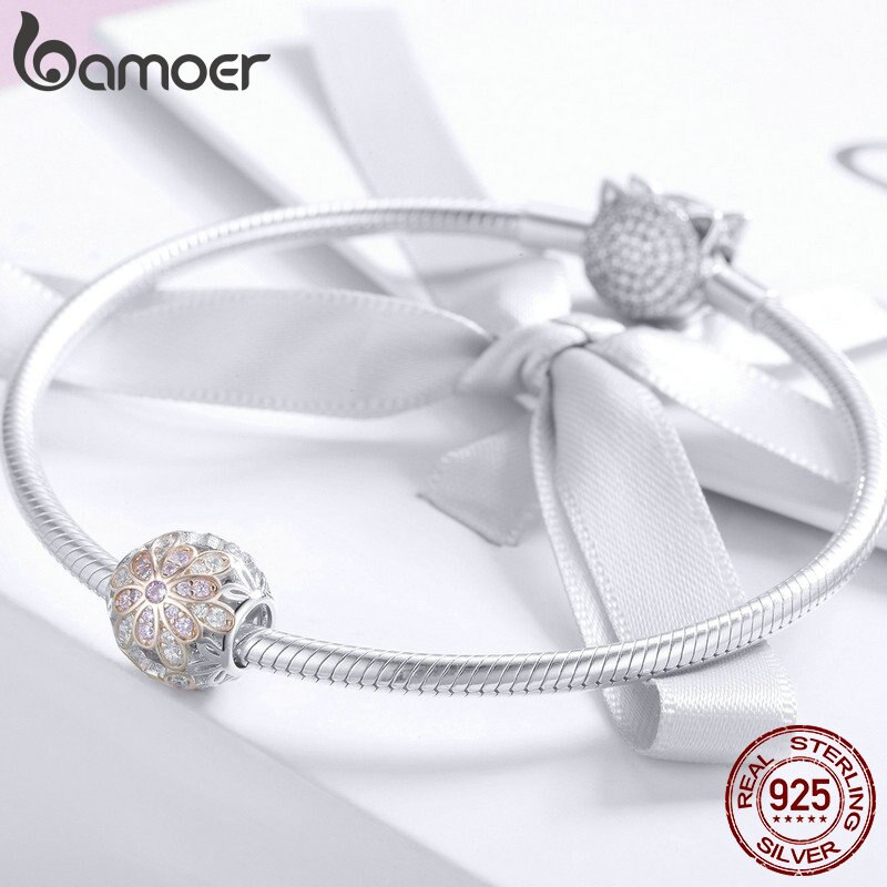 BAMOER Romantische 925 Sterling Silber Blühende Blume Knospen Leucht CZ Charme Perlen passen Halsketten Schmuck Zubehör SCC922