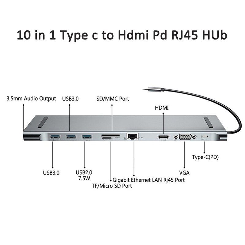 10 em 1 usb tipo c hub adaptador portátil docking station hdmi vga rj45 pd para hp lenovo superfície compatível