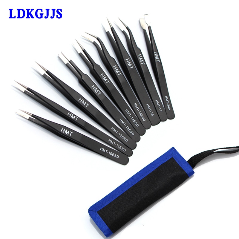 9pcs/lot Stainless Steel ESD Tweezers Set Precision Anti-static Tweezer for Electronics Phone Repairing Tools
