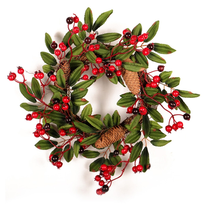 Christmas Wreath Door Decoration Artificial Foam Berry Wreath With Natural Pine Cone Pendant Wall Decor Wreath 40cm