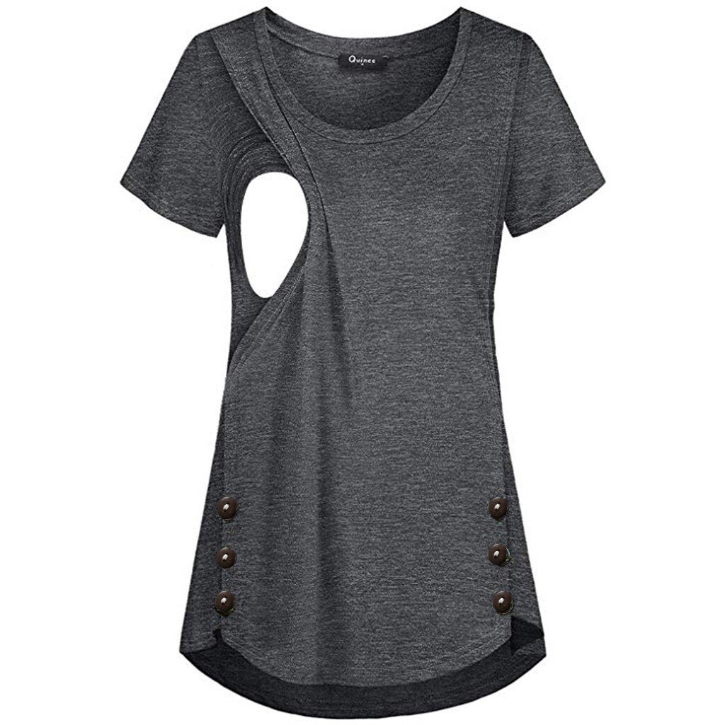 Ropa para embarazadas mujeres Color sólido botón lactancia ropa mujer embarazada camisa maternidad tops # guahao: Black  / XXL