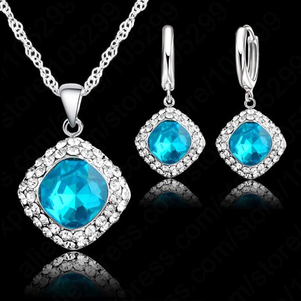 Vrouwen Heetste 925 Sterling Zilveren Sieraden Sets Classic Kleurrijke Ketting Oorbel Set Zirkoon Sieraden Voor Engagement: sky blue