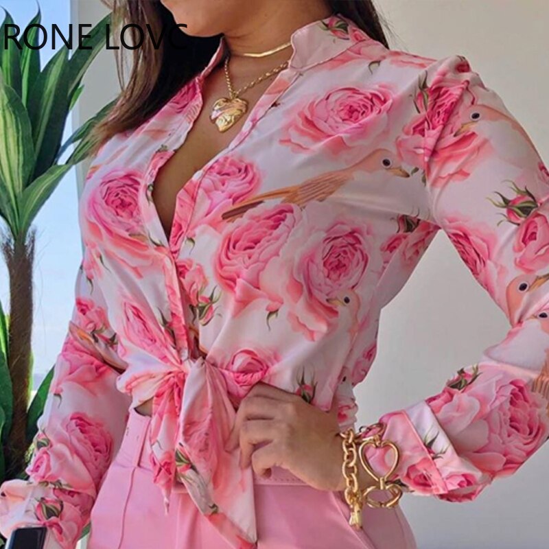 Blusa suelta de manga larga con cordón y estampado Floral para mujer