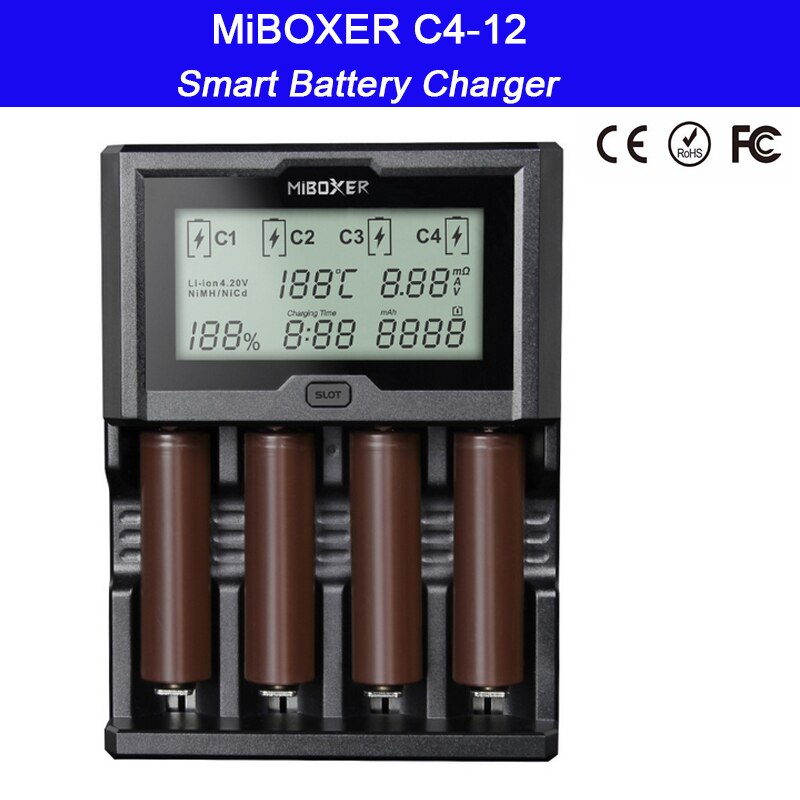Miboxer  c4-12 12a 4 slots lcd-skærm smart batterioplader til li-ion/ni-mh/ni-cd/lifepo 4 18650 14500 26650 aaa aa batteri