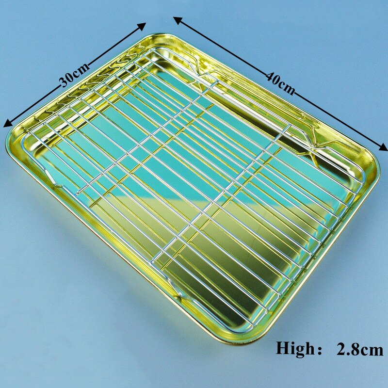 Stainless Steel Rectangle Plate with Net Rack Restaurant Fish BBQ Fried Chicken Cooling Serving Plate Skewers Seafood Tableware: Golden-40cm