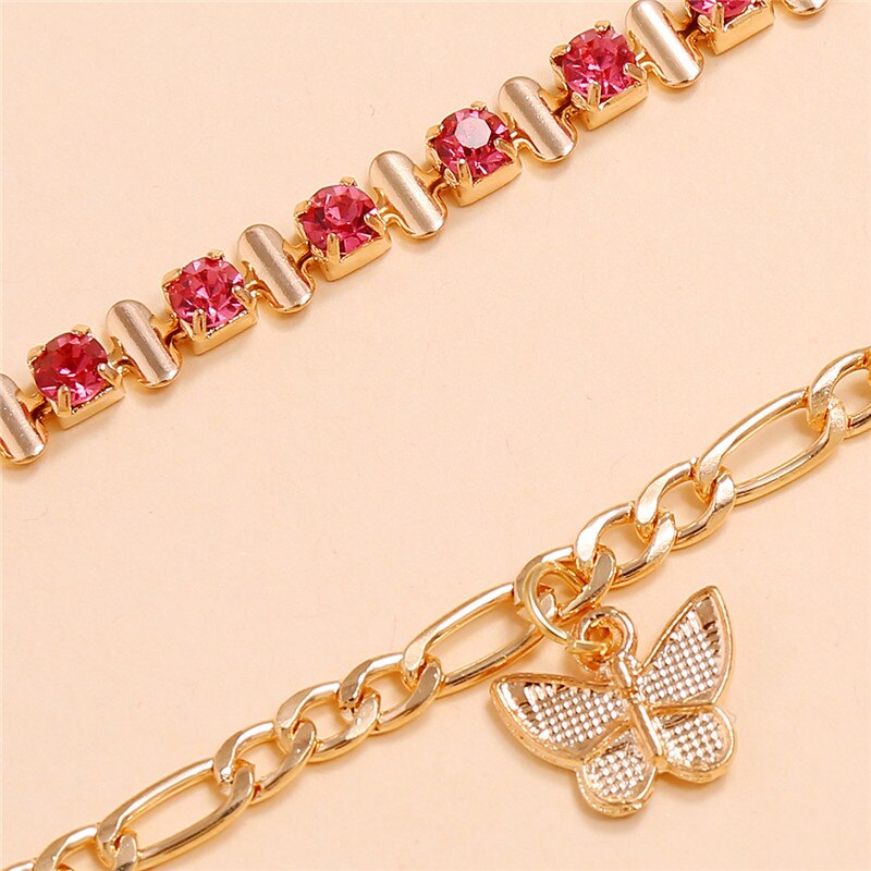 Bracelet de cheville papillon couleur or modyle pour femme, bracelet de cheville en cristal rouge