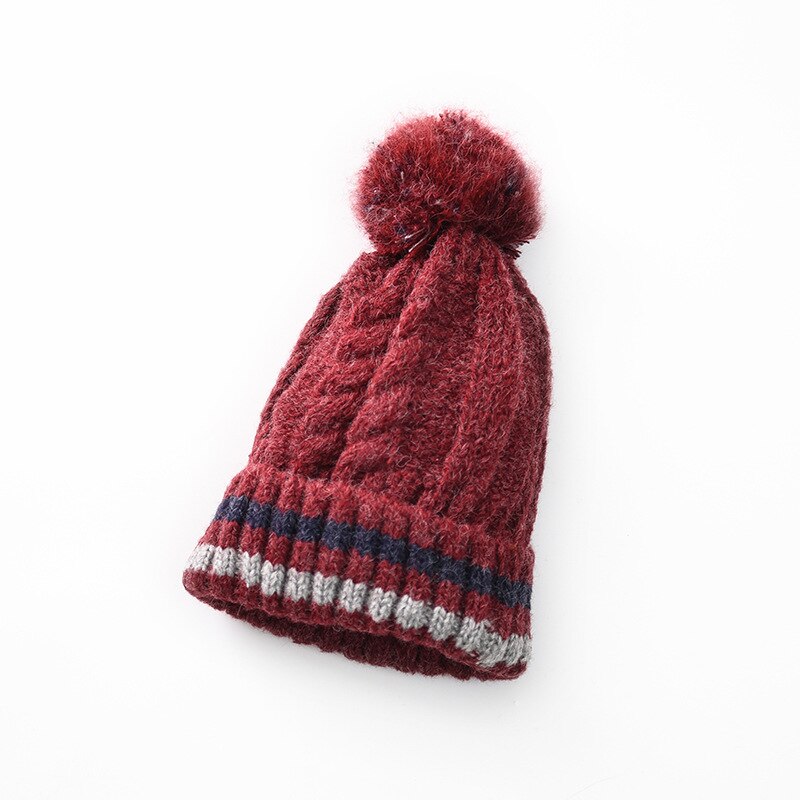 Winter warm Korean Hats for women striped woolen hat thickening plus pompon ball cap outdoor hemp pattern knitted hat: Wine red