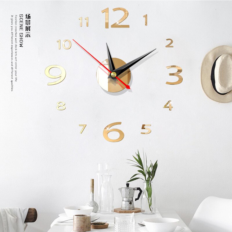 Relógio de parede 3d de acrílico espelhado, relógio para parede de diy, decoração de casa, agulha moderna de quartzo, adesivos para parede: Light Gold
