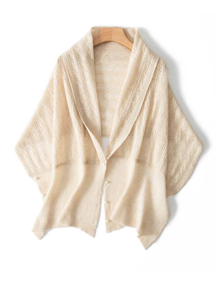 100% bufanda de cachemira pura para mujer, cárdigan suave y cálido, Pushima, capa con decoración de perlas para invierno y otoño, prendas de punto suaves de doble propósito: Beige