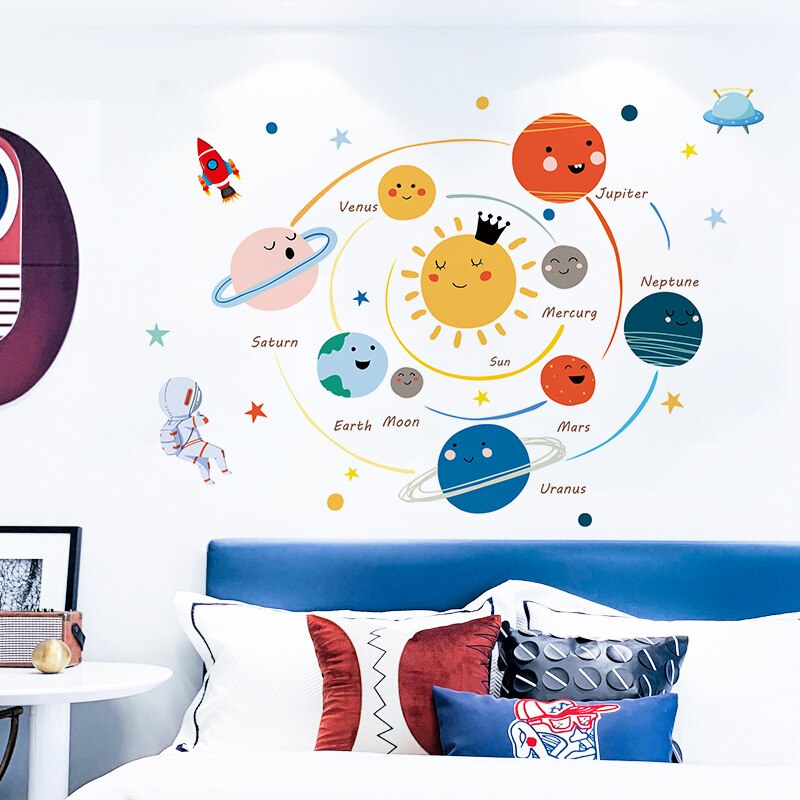 Cartoon Solar System Wall Stickers for Kids Rooms Decoration Funny Planet Mural Decals DIY Home Decor Bedroom Removable Stickers