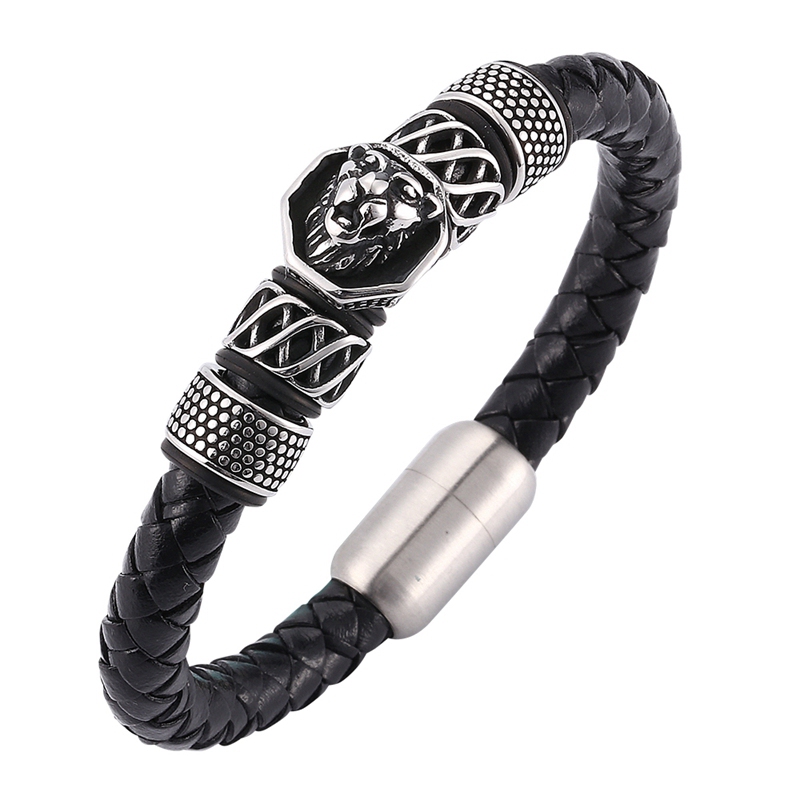 Pure Luxe Jewelry Men's Stainless Steel & Leather Braided Bracelet – Lion Magnetic – 8.5"