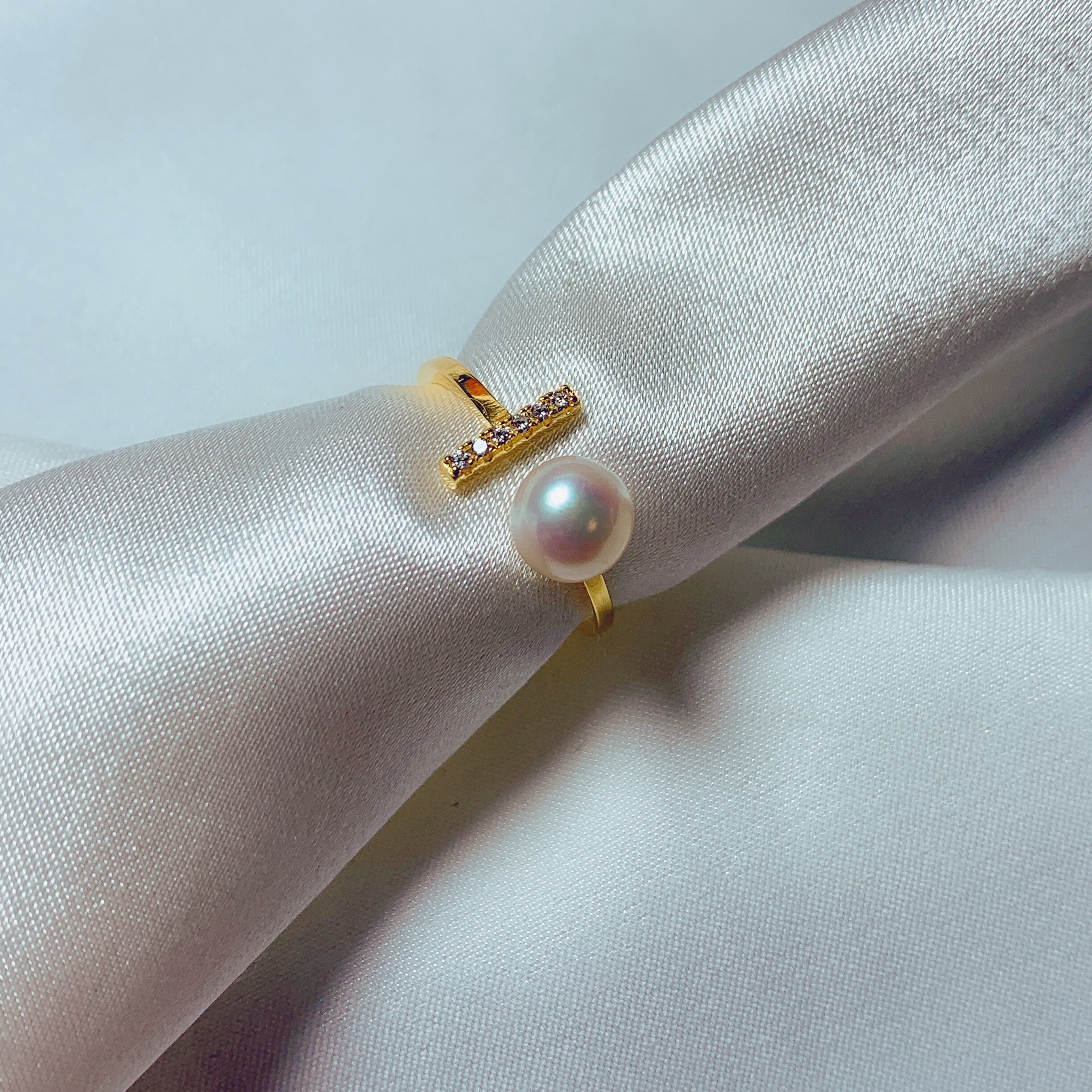 T-shaped natural pearl open gold color ring simple ring 925 sterling silver women's ring party wedding anniversary jewel