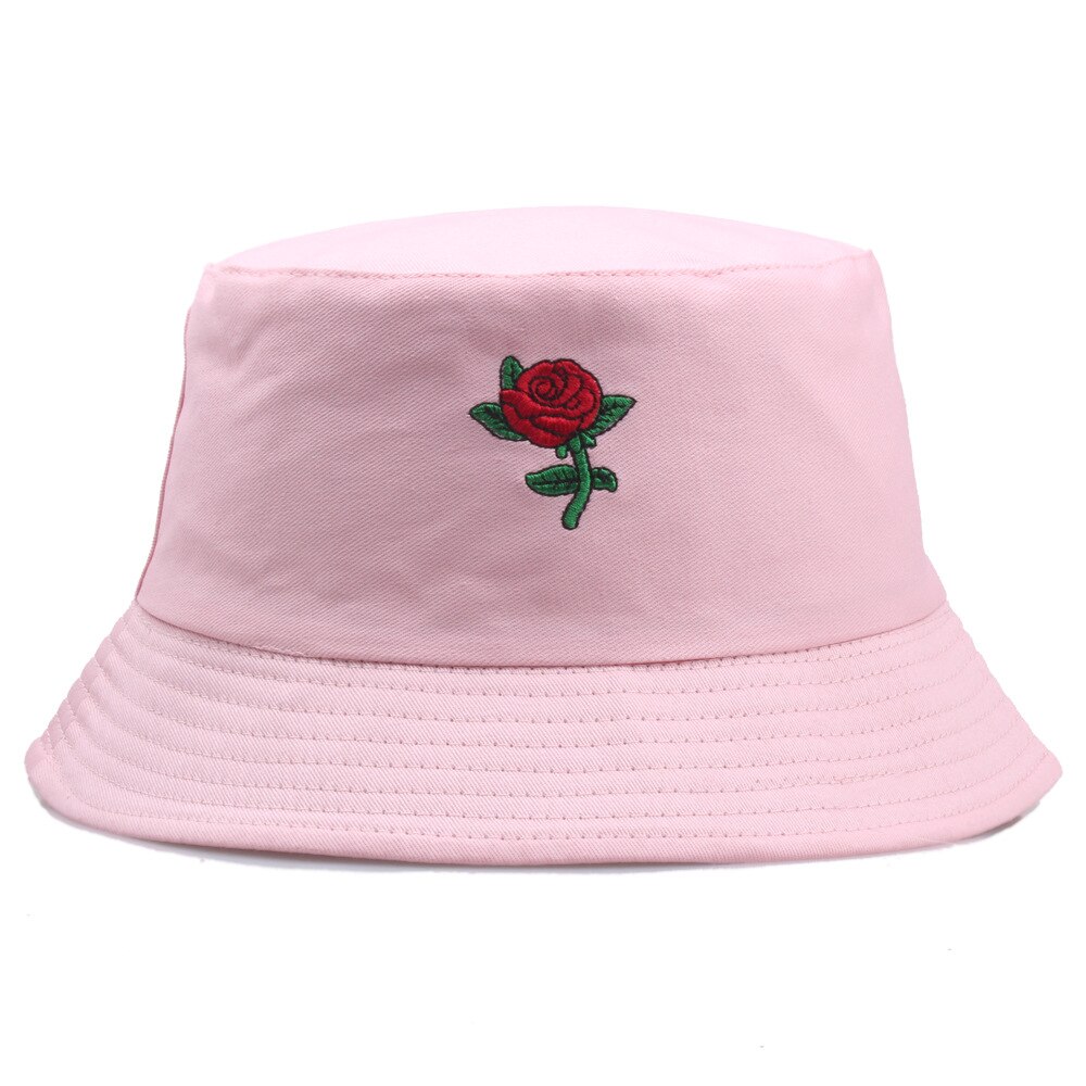 Harajuku rose blomst fisker hat kvinder sommer spand hat bob kvinder mænd rose broderi fisker cap: Lyserød