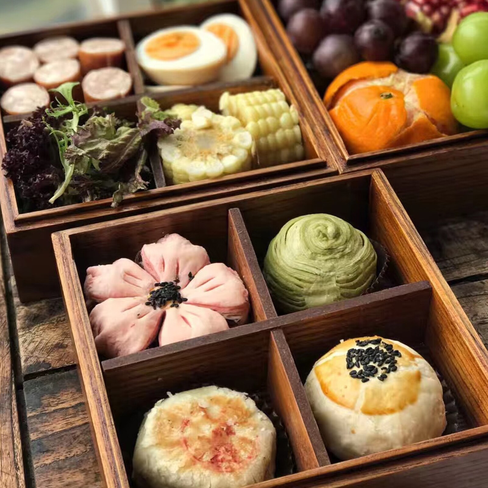 Japanse Stijl 3-Layer Houten Lunchbox Verstelbare Bento Box 4-Grid Sushi Fruit Dessert Doos Voor Thuis en Outdoor Picknicks