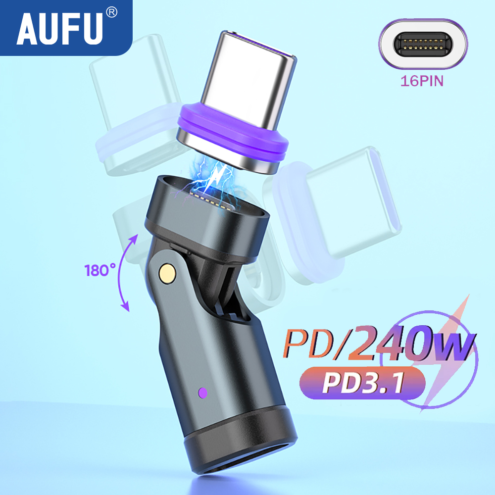 AUFU 240W Adapter magnetyczny USB typu C na USB C 16-pinowy konwerter USB C żeński 180 stopni do szybkiego ładowania iPhone MacBook Laptop