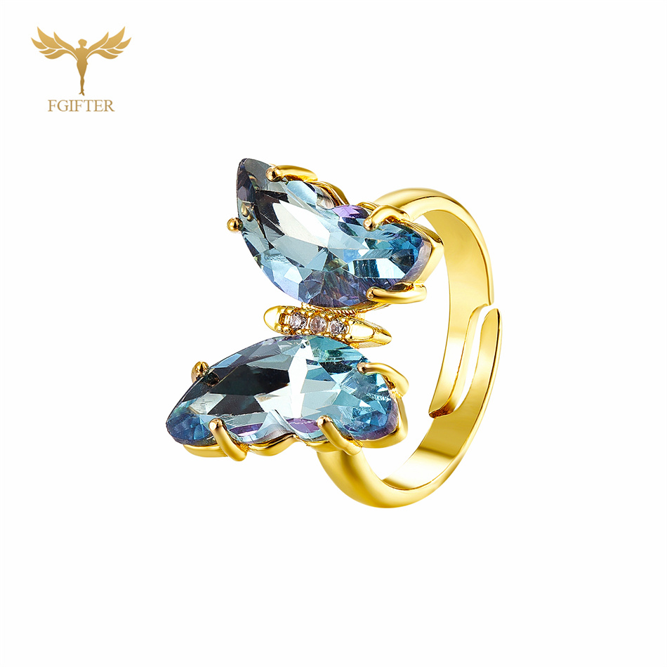 Anillos de mariposa de circón en 18 colores para mujeres y niñas, accesorios de joyería para dedo de mano de cobre de Color dorado de lujo, de tamaño ajustable: Caqui oscuro