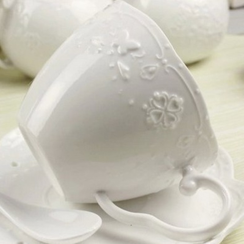 Præget bone china kaffekop 2 stk sæt tekop hvid keramik krus med underkop og hylde jul