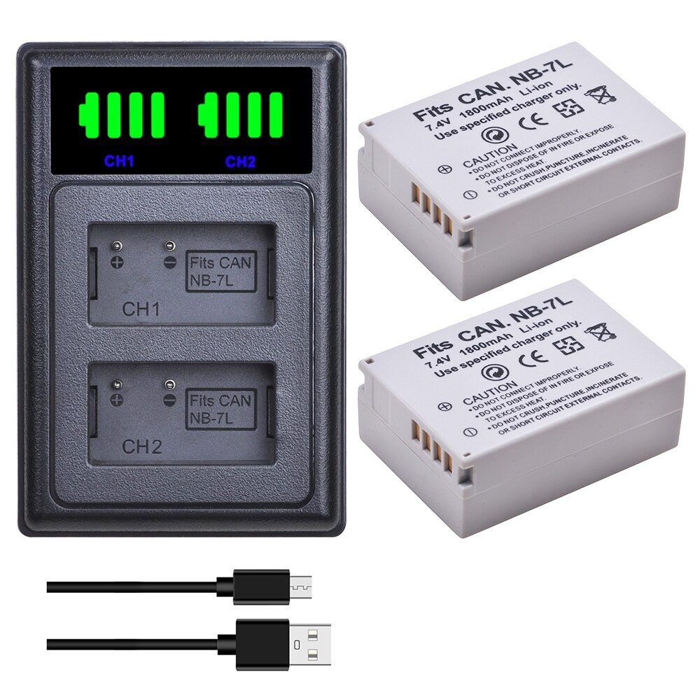 NB-7L Batterij 1800Mah NB7L Nb 7L Li-Ion Batterij + Led Dual Usb Oplader Voor Canon Powershot G10 G11 G12 SX30 SX30IS Digitale Camera: Charger and 2Battery