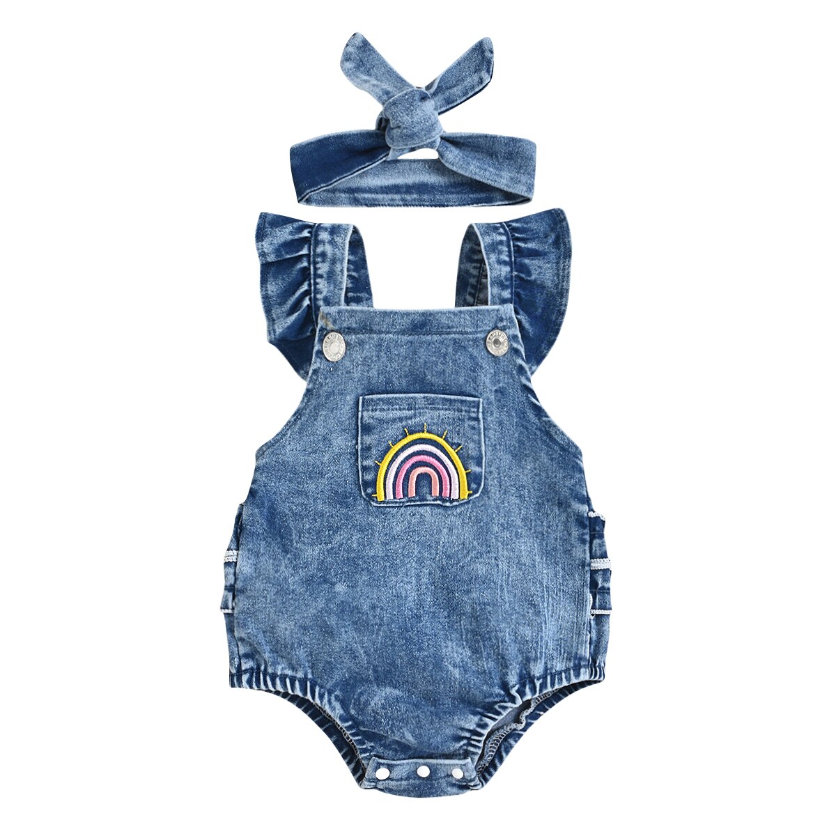 0-18m arco-íris impresso bebê meninas meninos denim macacão babados manga curta bolso macacões bandana