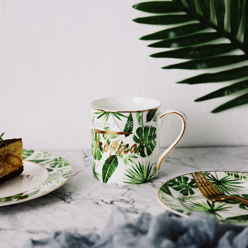 Skønhed guld europæisk stil grønne planter mønster keramisk bordservice porcelæn servise sæt knogle porcelæn plade krus kop og underkop