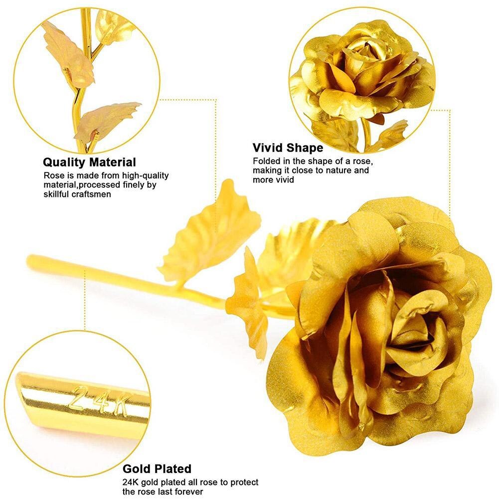 24K Gold Foil Rose Flower with Love Base Valentines Day For Her Artificial Flowers Rose Birthday For Girlfriend/Wife