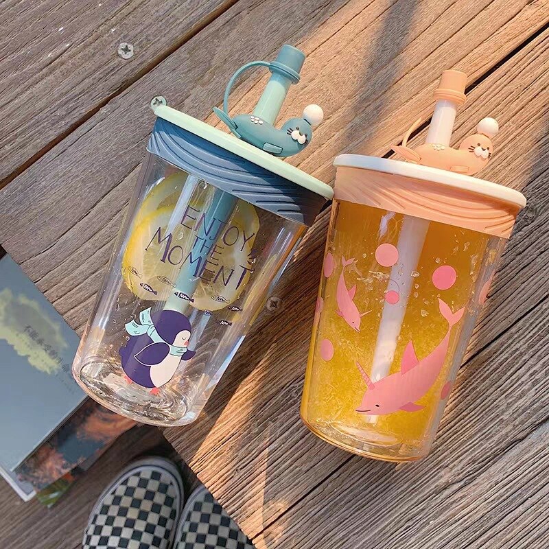 Cartoon Leuke Stro Water Cup Meisje Hart Transparante Eenvoudige Glas Cup Zomer Ins Wind Student Kinderen Bijbehorende Beker