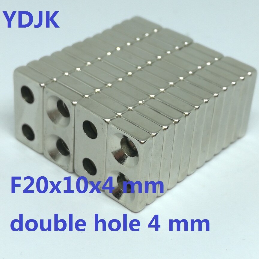 50 stks/partij Neodymium Gat Blok N35 magneet 20*10*4mm 2 gat D4mm magneet 20mm x 10mm x 4mm NdFeB Magneet 20x10x4mm