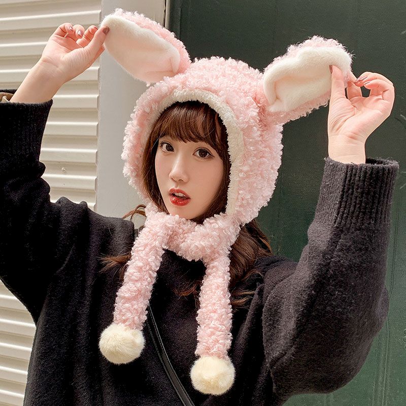 Female hat wild winter warm round face big face thinner hat scarf one Sweet and cute kawaii Bear ears Plush ball Matte