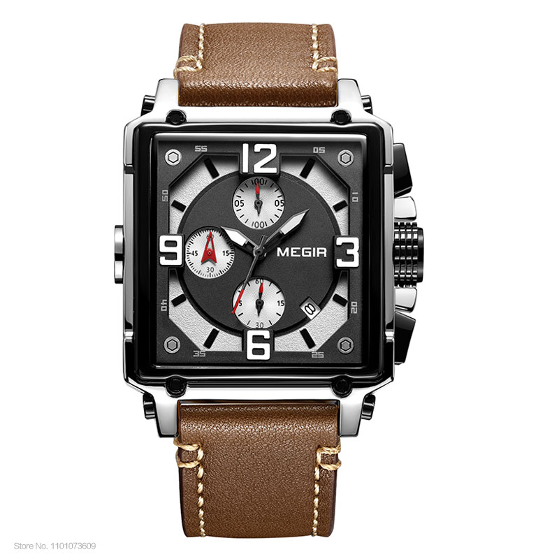 Megir herre firkantede quartz armbåndsur ur militær sports casual kronograf stopur læder relogios maskuline 2061 brun: Rose