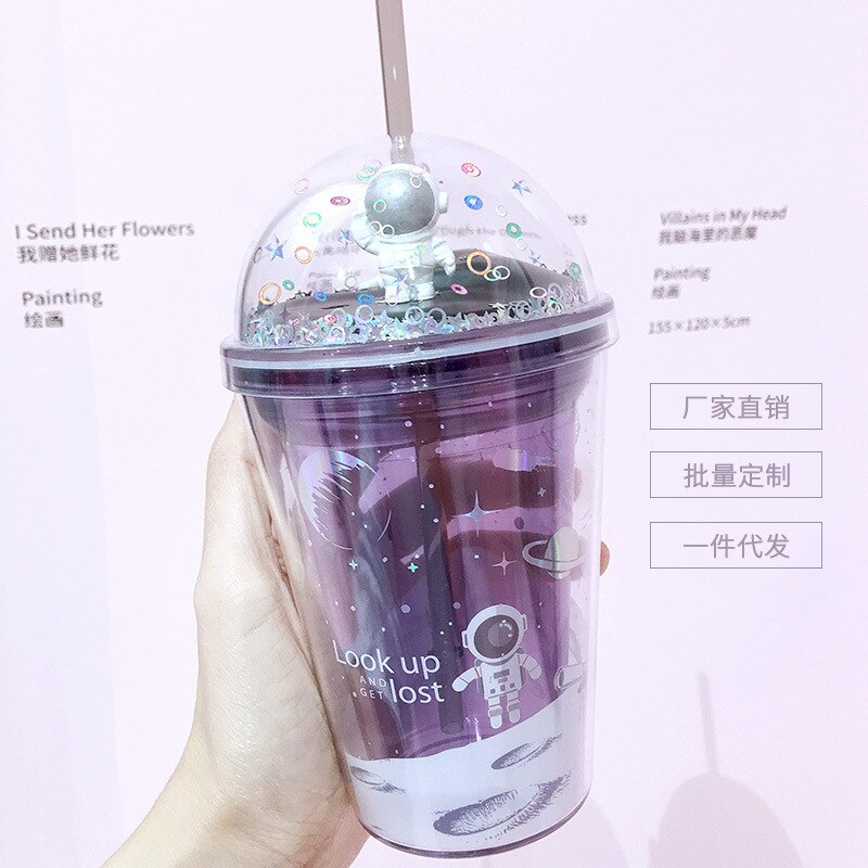 Vattenflaska kaffemugg söt vattenflaska för tjejer kawaii bling isolering astronaut tecknad film kopp vattenflaska med halm