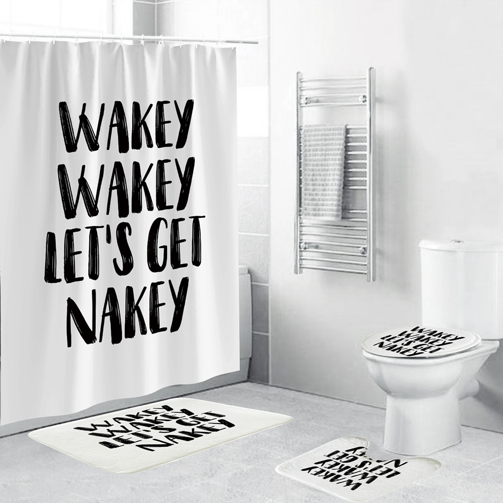 Sjovt badeværelsesmåttesæt med bruseforhæng 'wakey wakey let's get nakey' 4- delt toiletbetræk skridsikkert tæppe til badeværelsesindretning