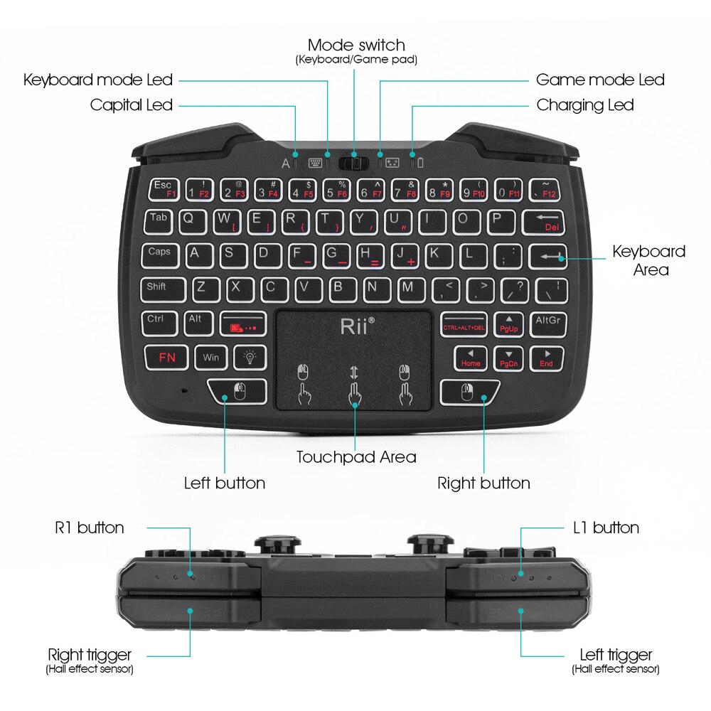 Rii RK707 Game Controller 2.4GHz Wireless Keyboard Mouse Combo w/ Touchpad White Backlit Turbo Vibration Function for PS3 TV Box