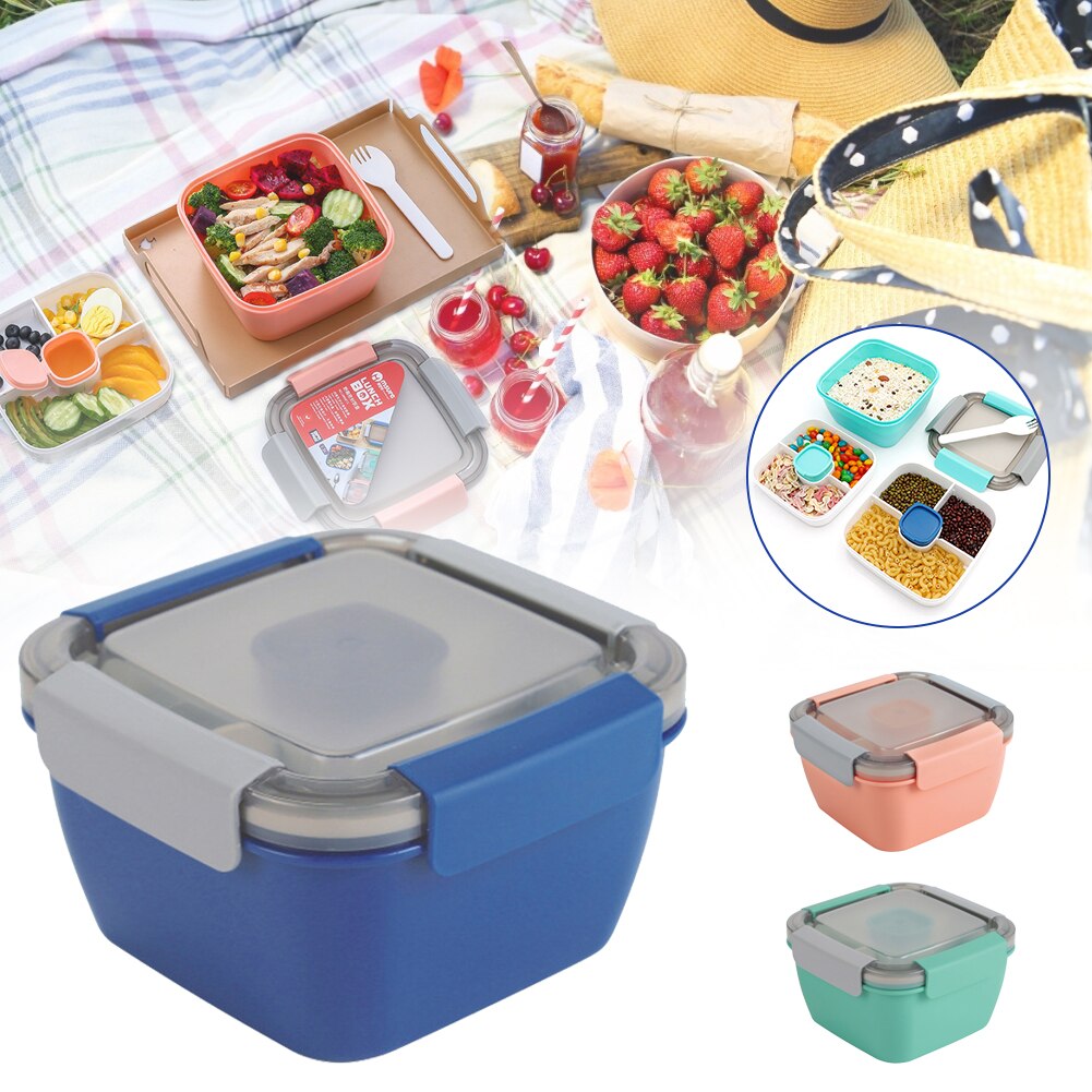 1.5L Keuken Salade Lunch Container Met Luchtdicht Deksel 3 Raster Lunchbox Outdoor Wandelen Picknick Draagbare Voedsel Storage Case