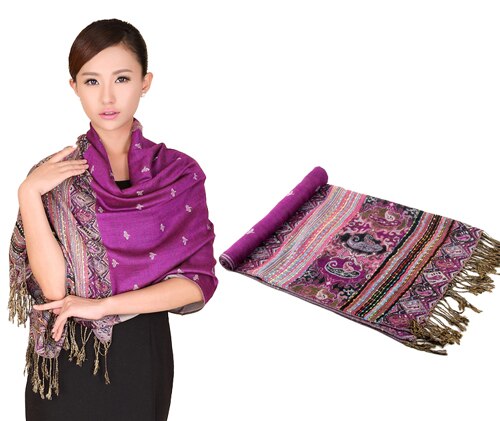Vinröd färg kinesiska kvinnors pashmina hijab chal höst vinter bi halsdukar sjal tofs bufanda 011506: Fuchsia