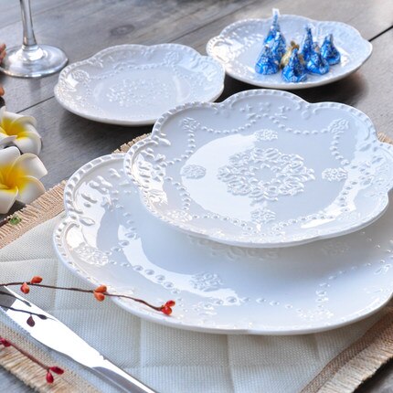 European Style Flat Plate-6&quot;8&quot;10&quot;Western Steak Plate -Embossed Round Shallow Plate Pure White Bone China Dessert Tray Home Acces